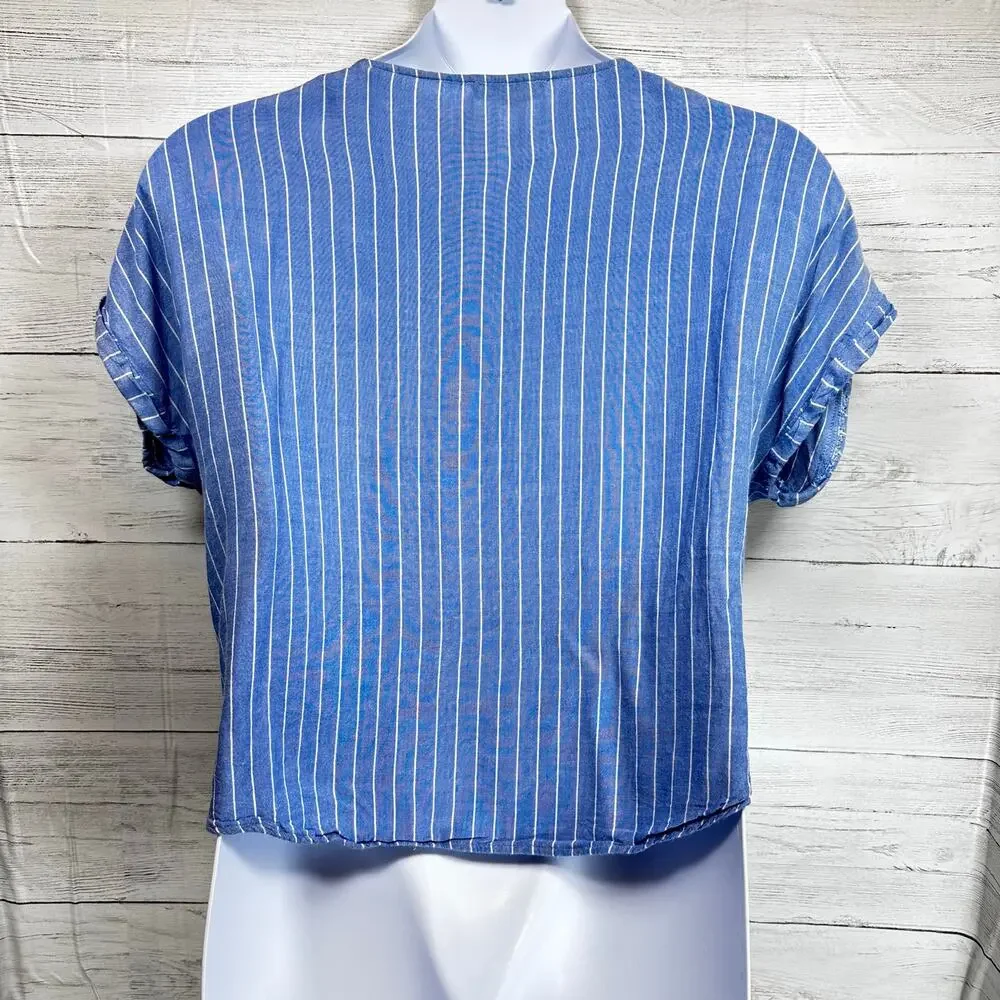 Entro ANTHRO Large blue embroidered floral tie Peasant blouse cottage coquette - Picture 4 of 8